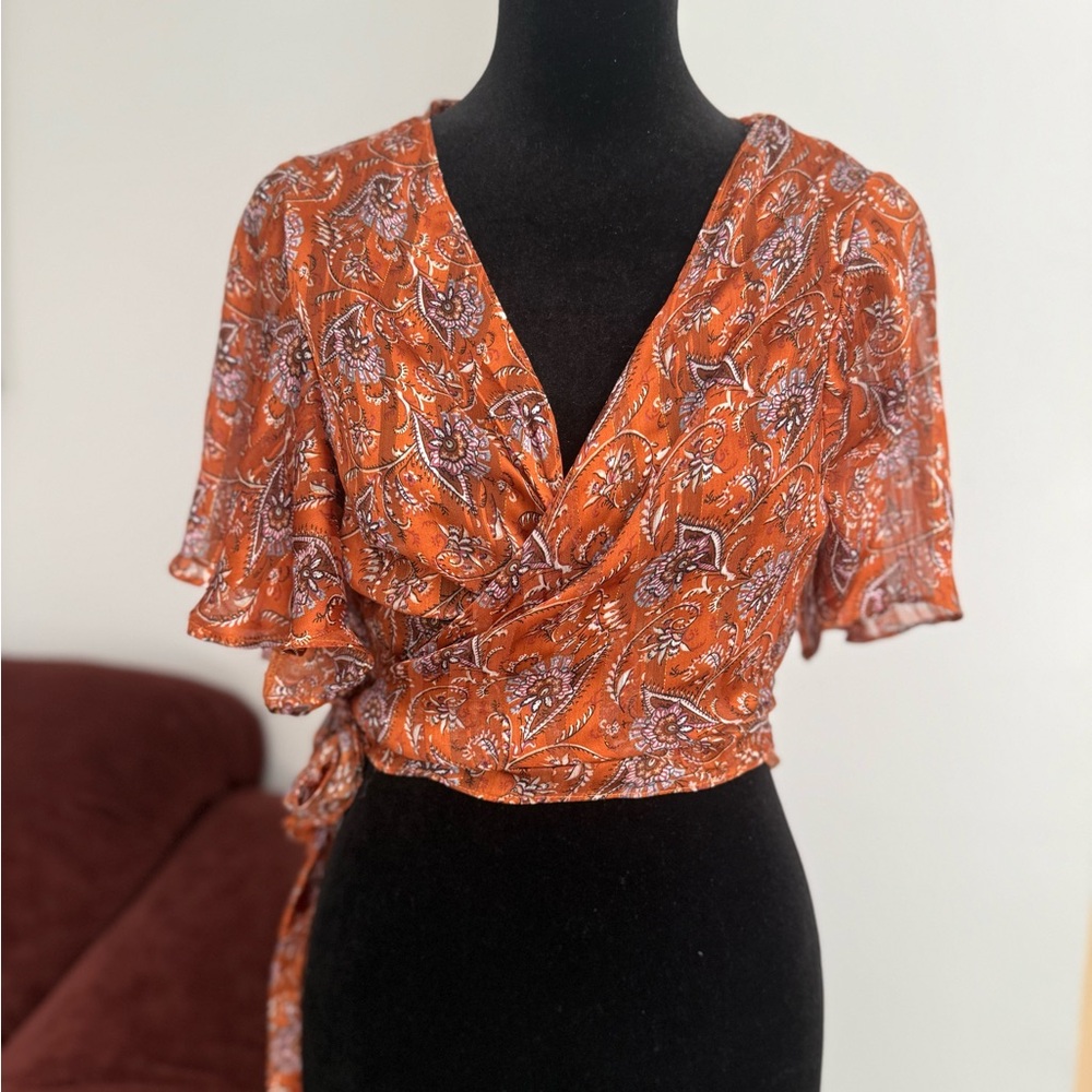 Festival flowy sleeve burnt  Orange Paisley Wrap Blouse